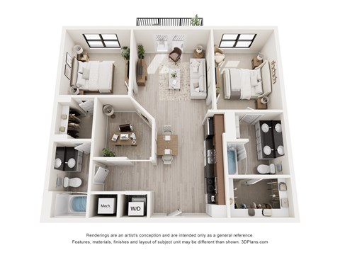 A 3D floor plan of a house with labeled rooms.